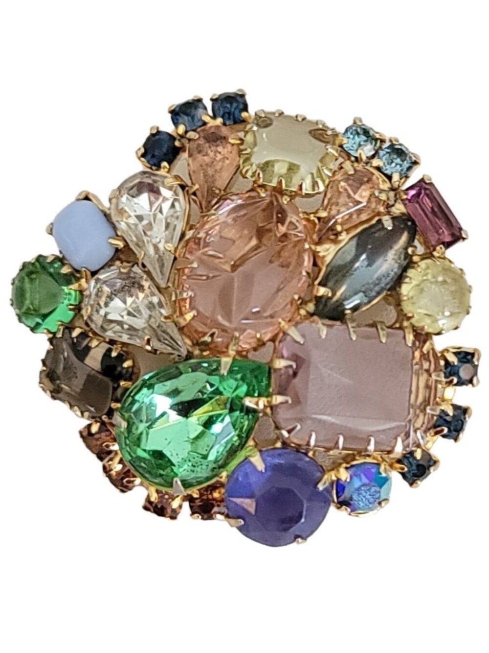 Gold Tone Molded Glass, Rhinestone Prong-Set Cluster Brooch, M768